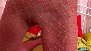 Flexible Blonde Teen Sucks Own Pussy In Fishnet Stockings