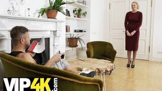 Russian Blonde Mature Teases Stud in Sheer Stockings Seduction