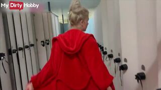 Breathing blonde cheerleader in the locker room