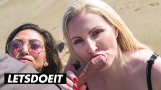 Frida Sante and Georgie Lyall suck hot and fuck on a giant dick on the beach