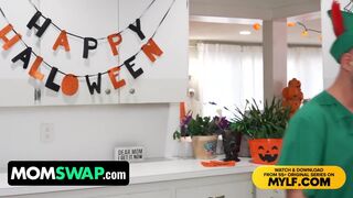 Sydney Paige and Mandy Rhea, two hot stepmothers, Halloween, pick out a fancy outfit to drive Berry Mckeciner crazy