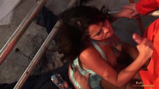 Two workers get to fuck a busy babe in an abandoned building