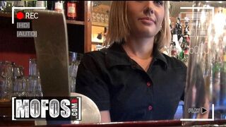 Rihanna Samuel's blonde barmaid shows her tits to a guest before she sucks her dick