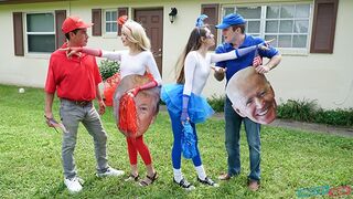 Teenage girls swap and fuck Daddy's dick for red-blue votes