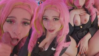Mitsuri in Kanroji cosplay enjoys the holes in the cock and gets a huge gunshot to the face