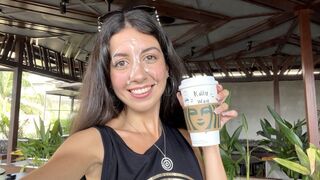 Teenage blowjob in the bathroom of the starbucks - spray dick on his face after coffee with slime in the middle