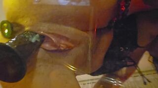 Black dildo fuck in lingerie with spray orgasm on glass table